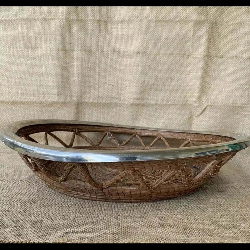 Vintage Rope Basket Silver Trim Wedding Serving Bowl Boho